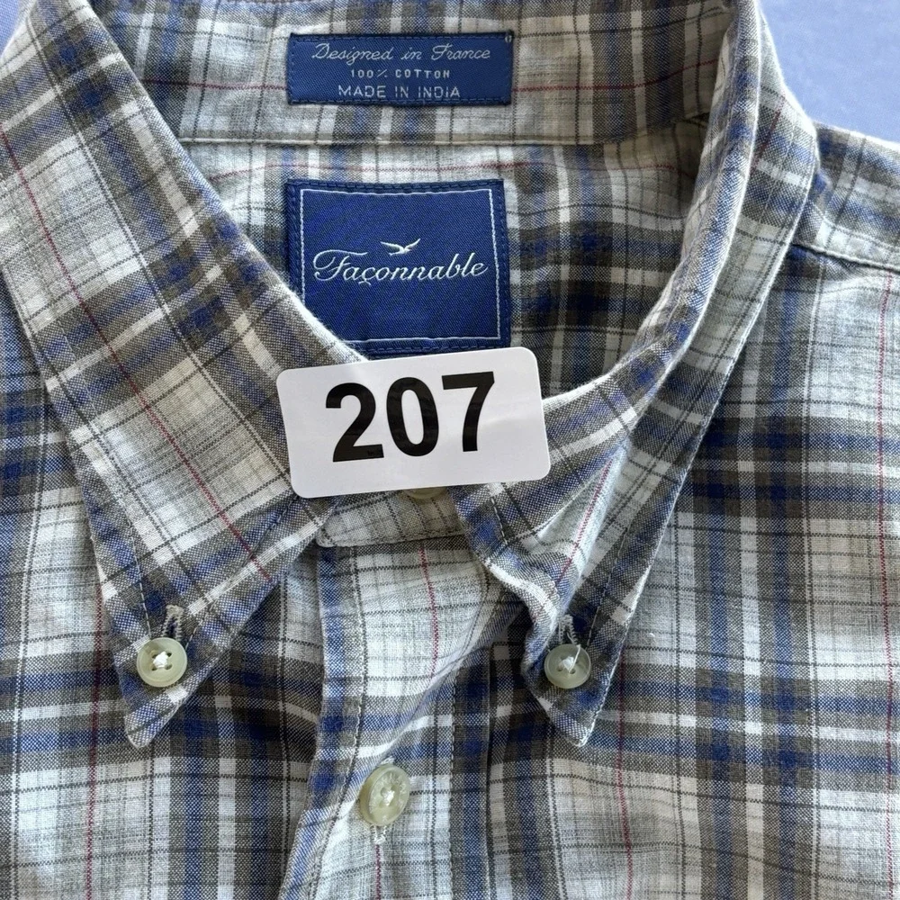 Faconnable Men's Plaid Button-Down Shirt Short Sleeve Cotton Size‎ L